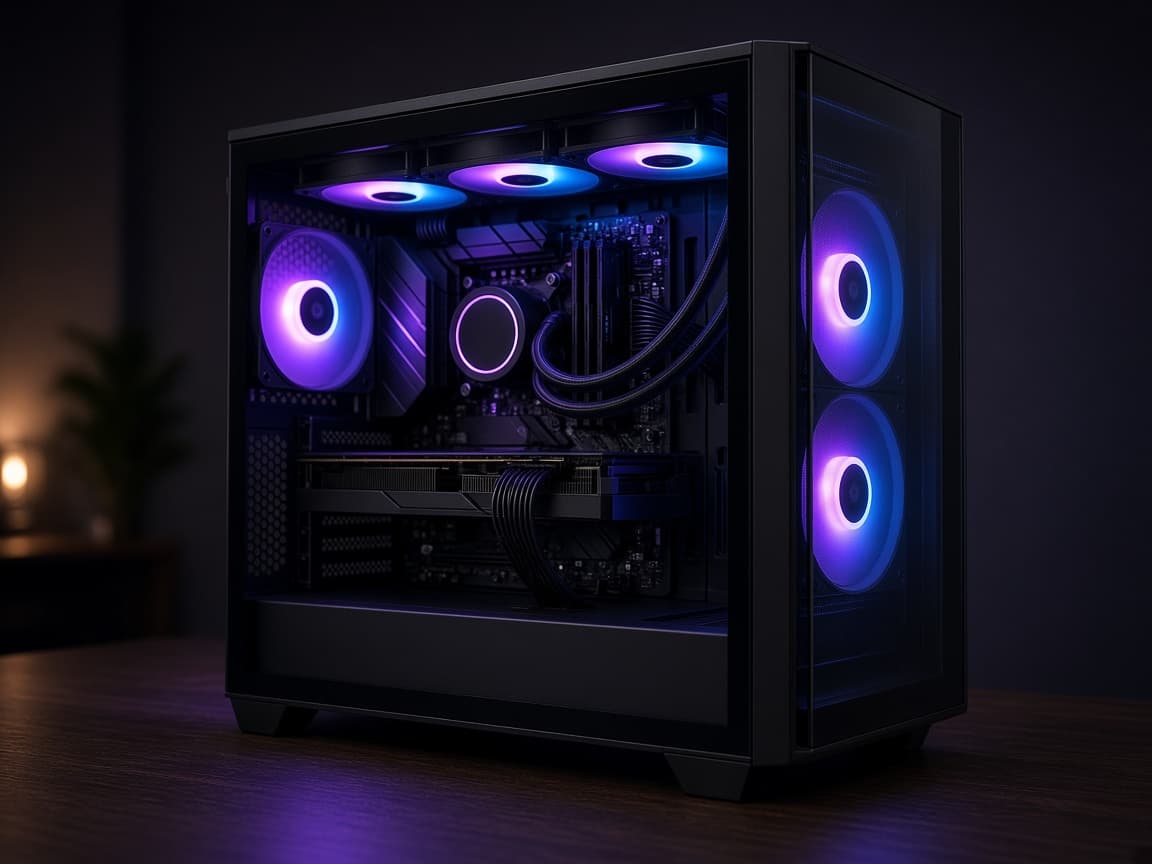 PC-Gehäuse mit vollständiger Glasseite, im Inneren sichtbare Hardware mit blau-violetter RGB-Beleuchtung an den Lüftern