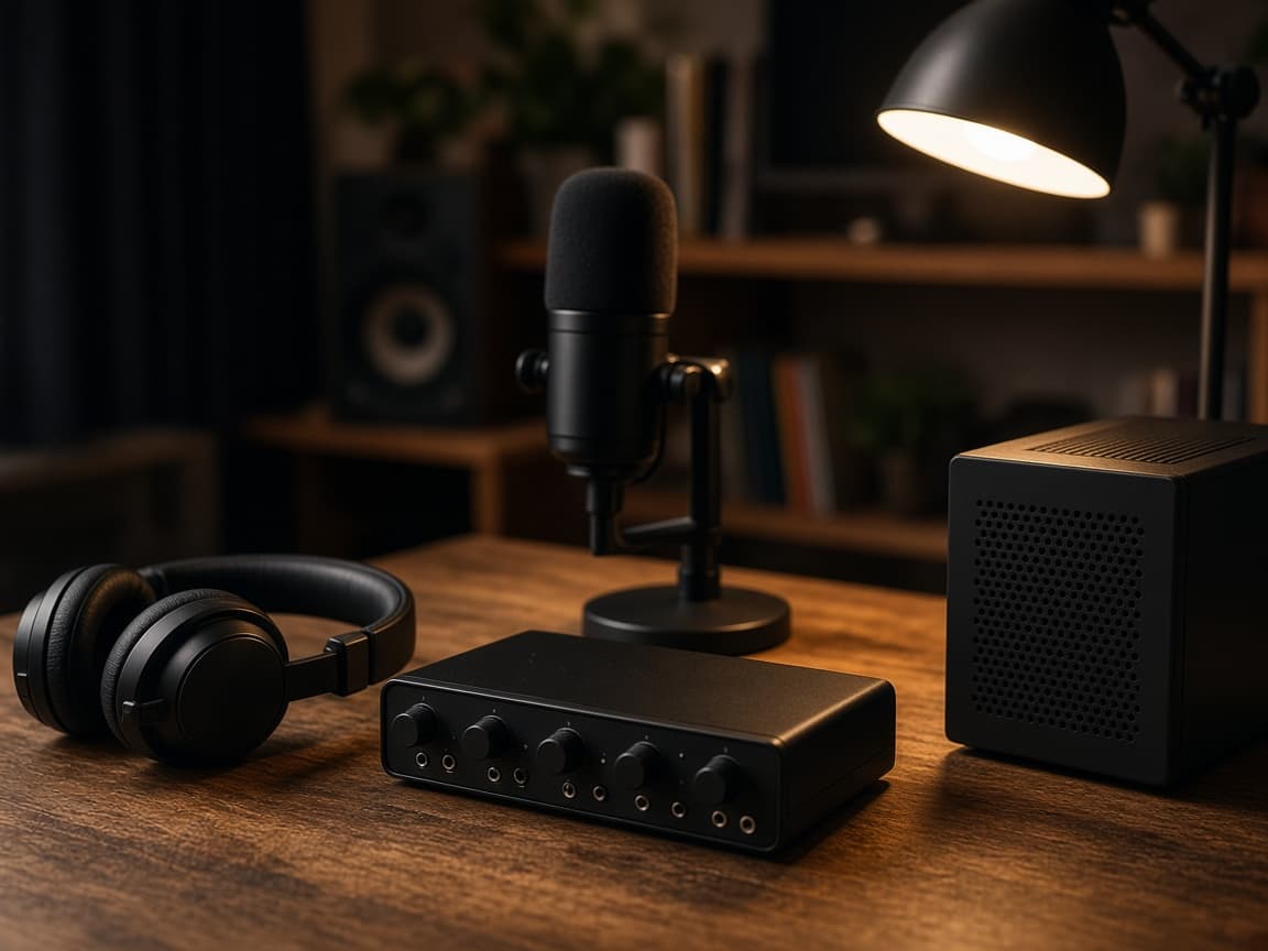 Schreibtisch mit Audio-Interface, Kopfhörern, Mikrofon und einem PC