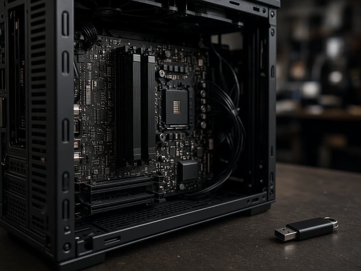 PC-Gehäuse mit geöffneter Seite, RAM-Riegel im Mainboard sichtbar, USB-Stick mit MemTest86 daneben