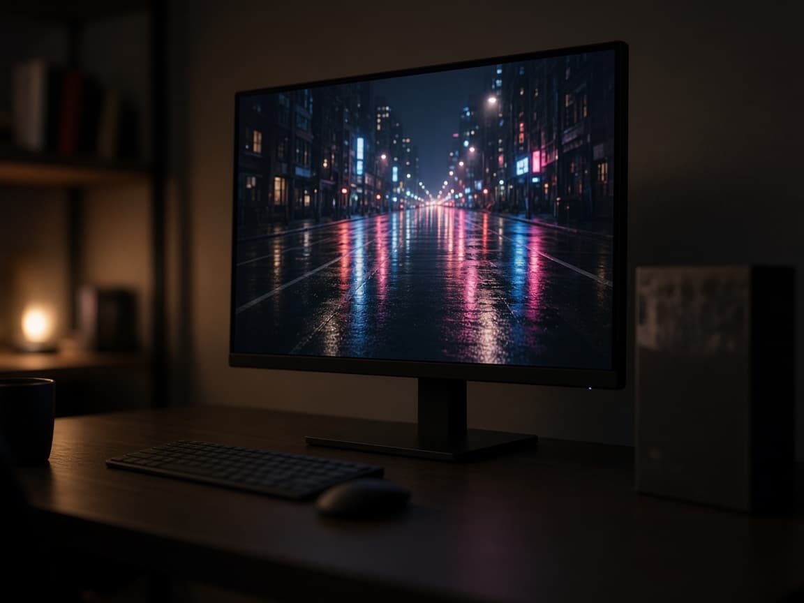 Monitor mit nasser Straße und Lichtreflexionen neben einem Gaming-PC