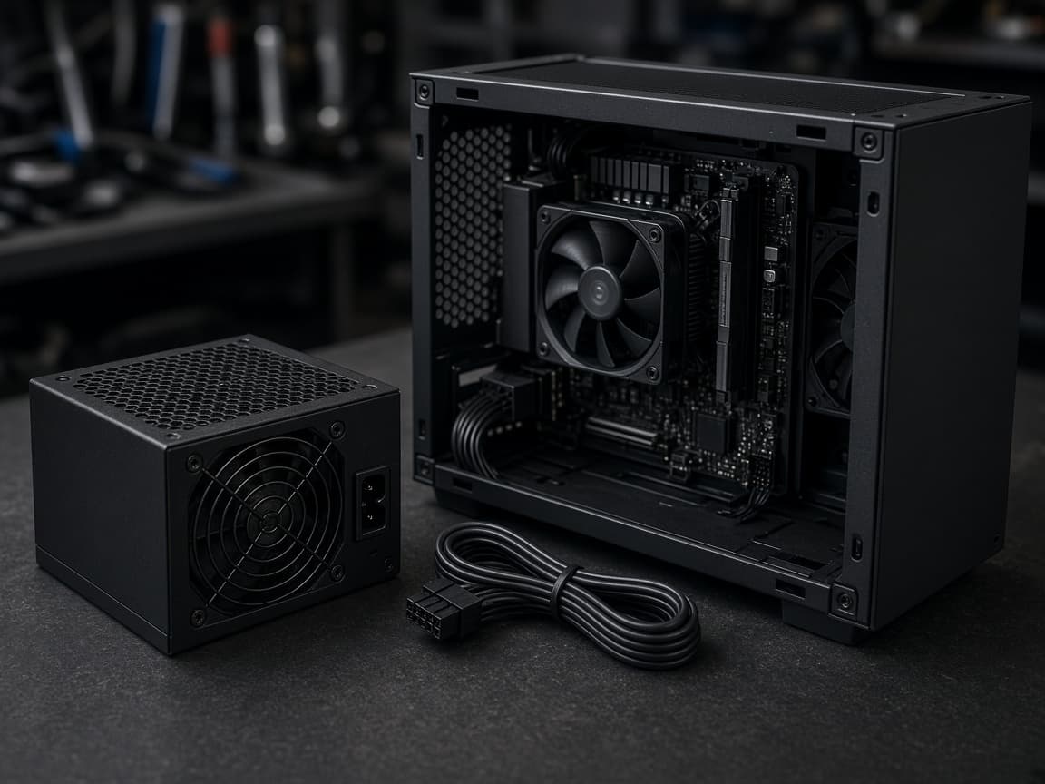 Kompaktes SFX-Netzteil neben einem Mini-ITX-Gehäuse, deutlich kleiner als ein normales ATX-Netzteil