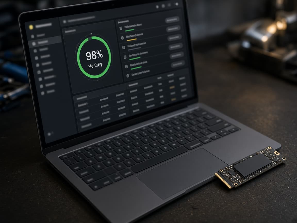 Laptop-Bildschirm mit geöffnetem SSD-Diagnose-Tool, daneben eine M.2-SSD auf dem Schreibtisch