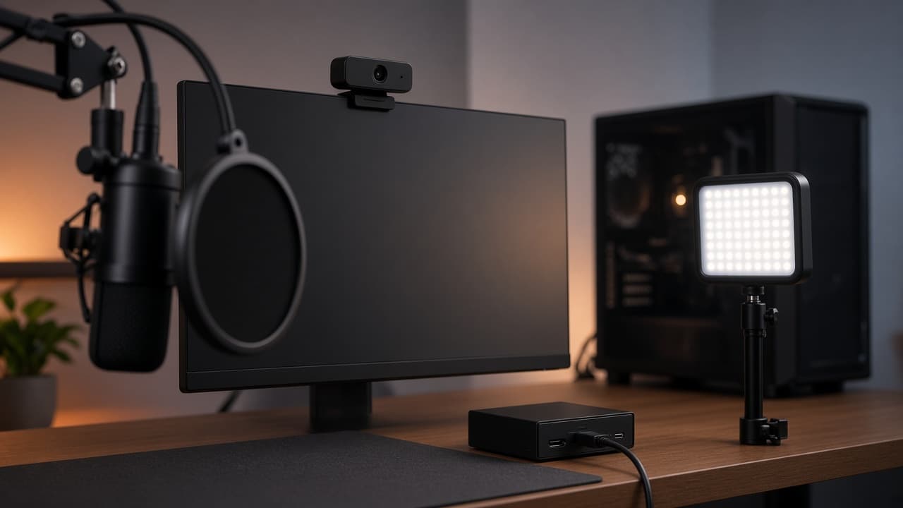 Streaming-Schreibtisch mit USB-Mikrofon am Galgen, Webcam auf dem Monitor, LED-Leuchte und kleiner Capture-Box