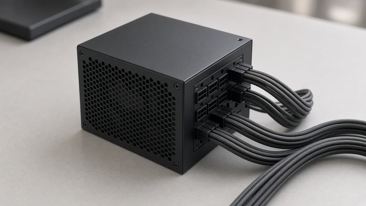 Symbolbild: Modulares PC-Netzteil mit Kabeln auf einer Werkbank
