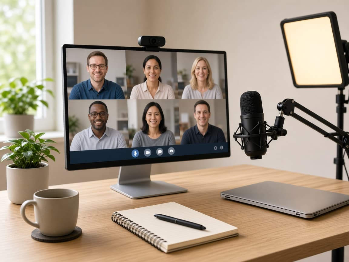 Homeoffice-Schreibtisch mit Monitor im Videokonferenz-Call, Webcam, USB-Mikrofon am Arm und LED-Leuchte daneben