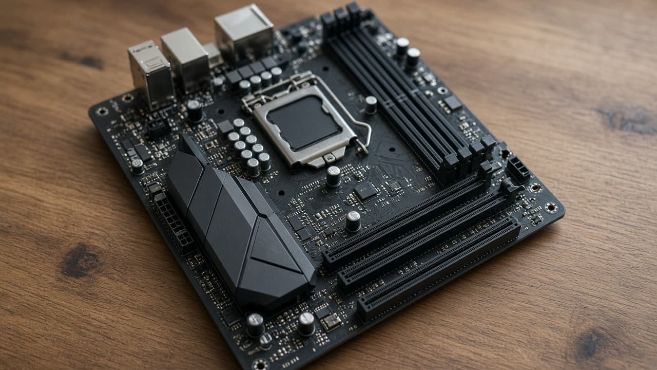 Symbolbild: ATX-Mainboard ohne Logo auf einem Holzschreibtisch