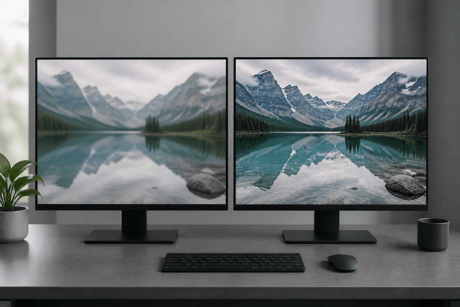 Zwei Monitore mit derselben Landschaft