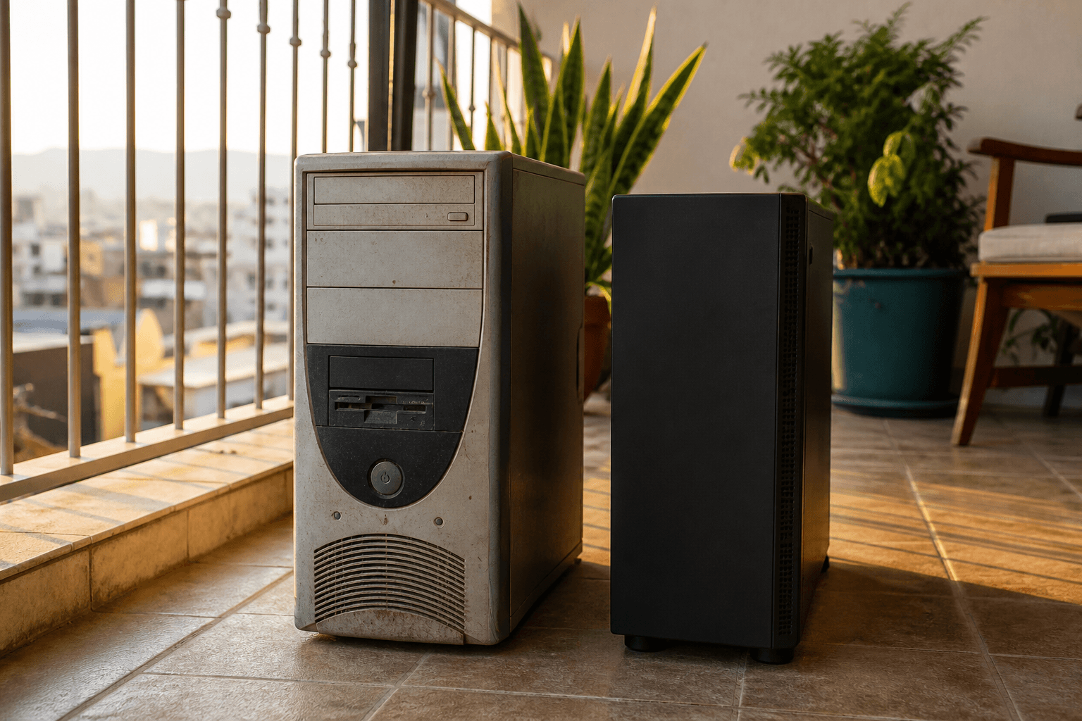 Älterer und neuerer PC auf dem Balkon