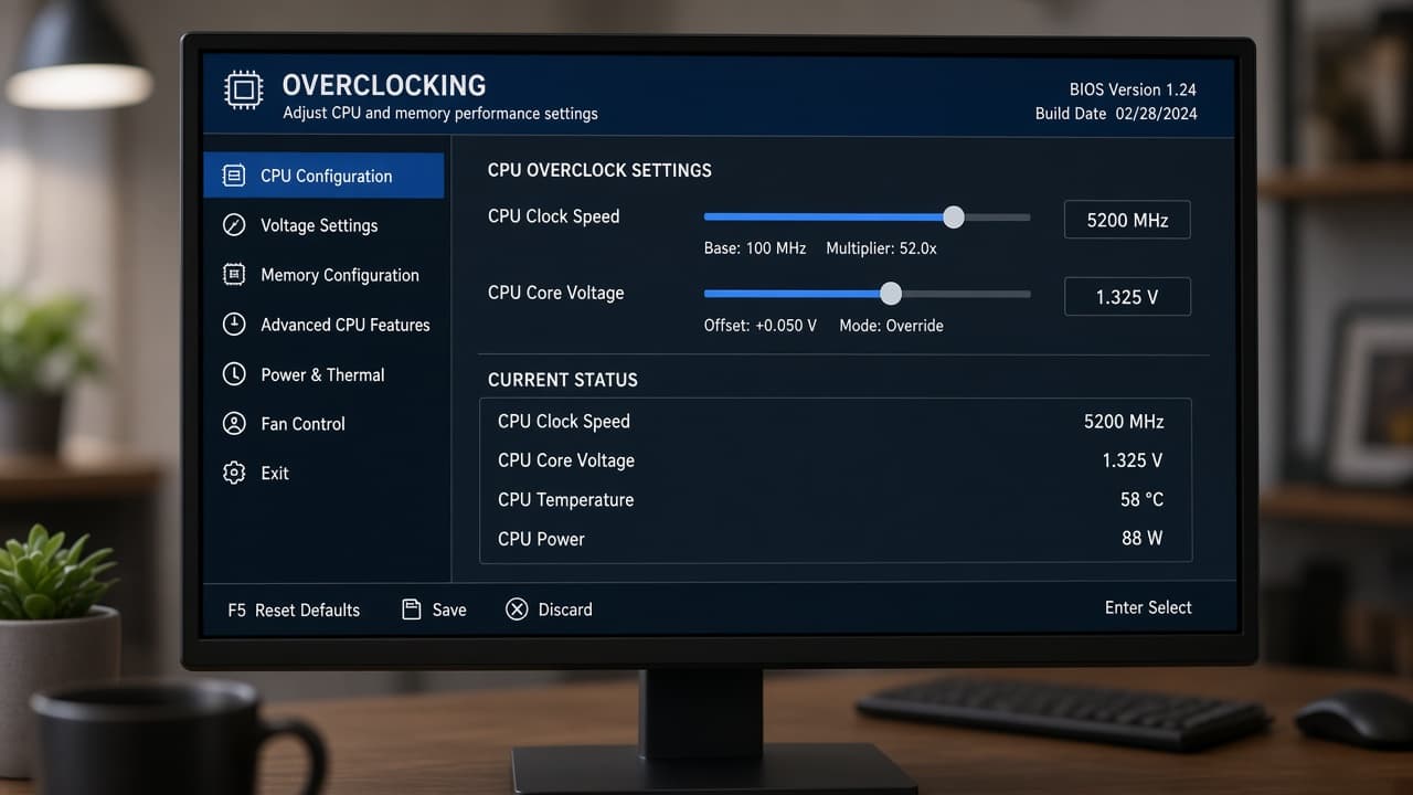 BIOS-Übertaktungsmenü mit CPU-Takt- und Spannungseinstellungen auf einem Monitor
