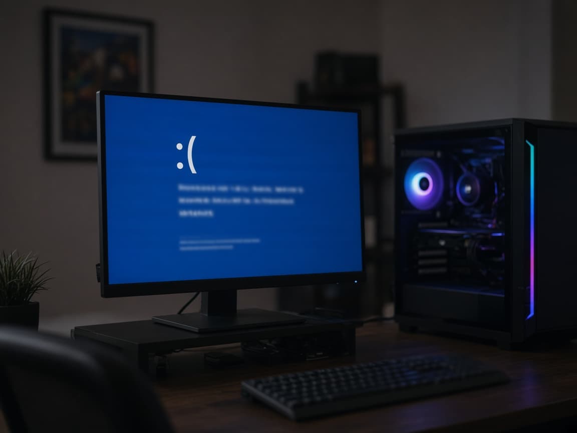 Windows-Bluescreen-Fehlermeldung auf einem Monitor in einem abgedunkelten Raum