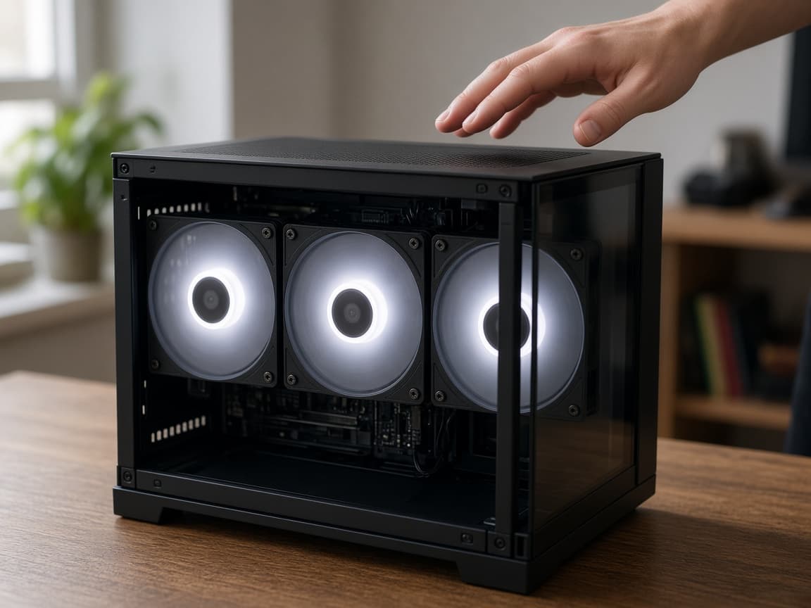 Geöffneter Gaming-PC, an dessen Lüftern die Geräuschquelle geprüft wird