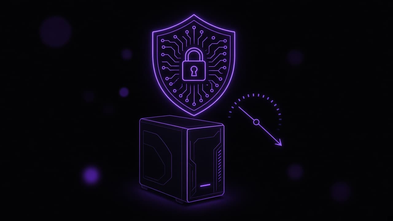 Ein leuchtendes violettes Schild-Symbol mit Schloss über einem stilisierten Gaming-Tower, daneben ein leicht nach unten zeigender Tacho-Zeiger als Symbol für einen kleinen Performance-Trade-off